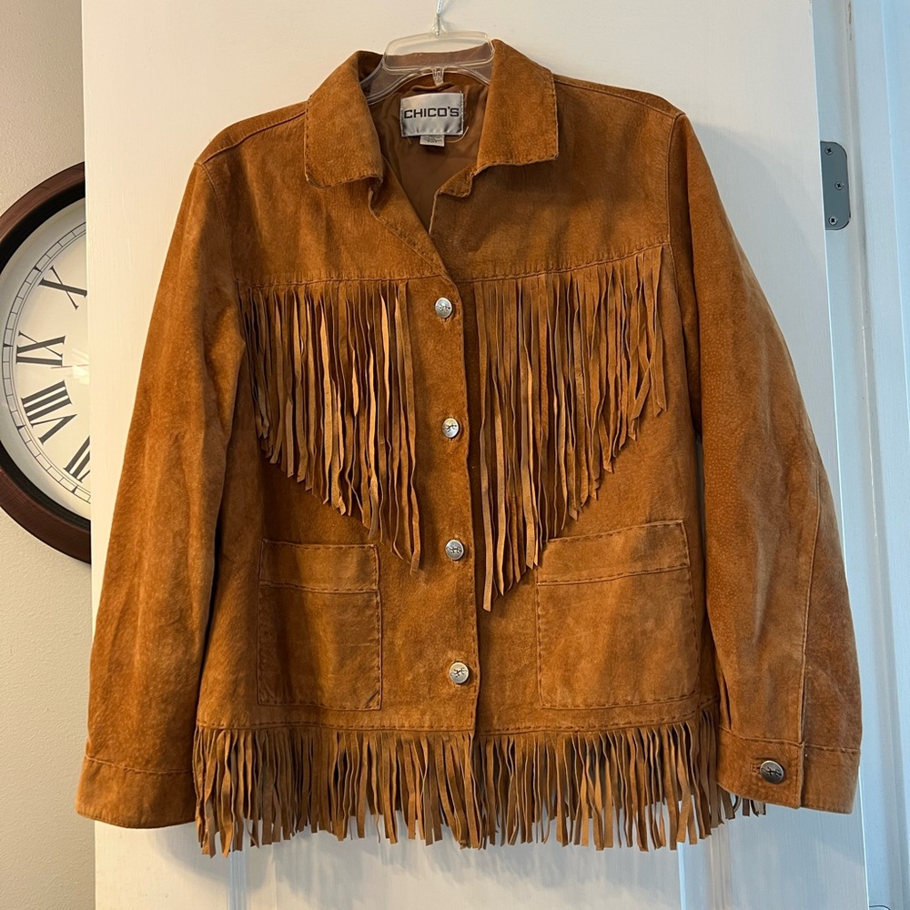 Chicos leather fringe western jacket size 2